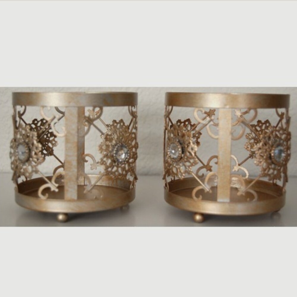 Pier 1, NEW Set of 2 Rustic Gold Candle Holders, 4.25"Dia Base